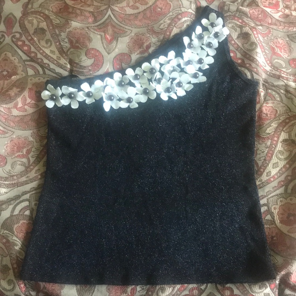 Black One-Shoulder Top with Floral Accents
